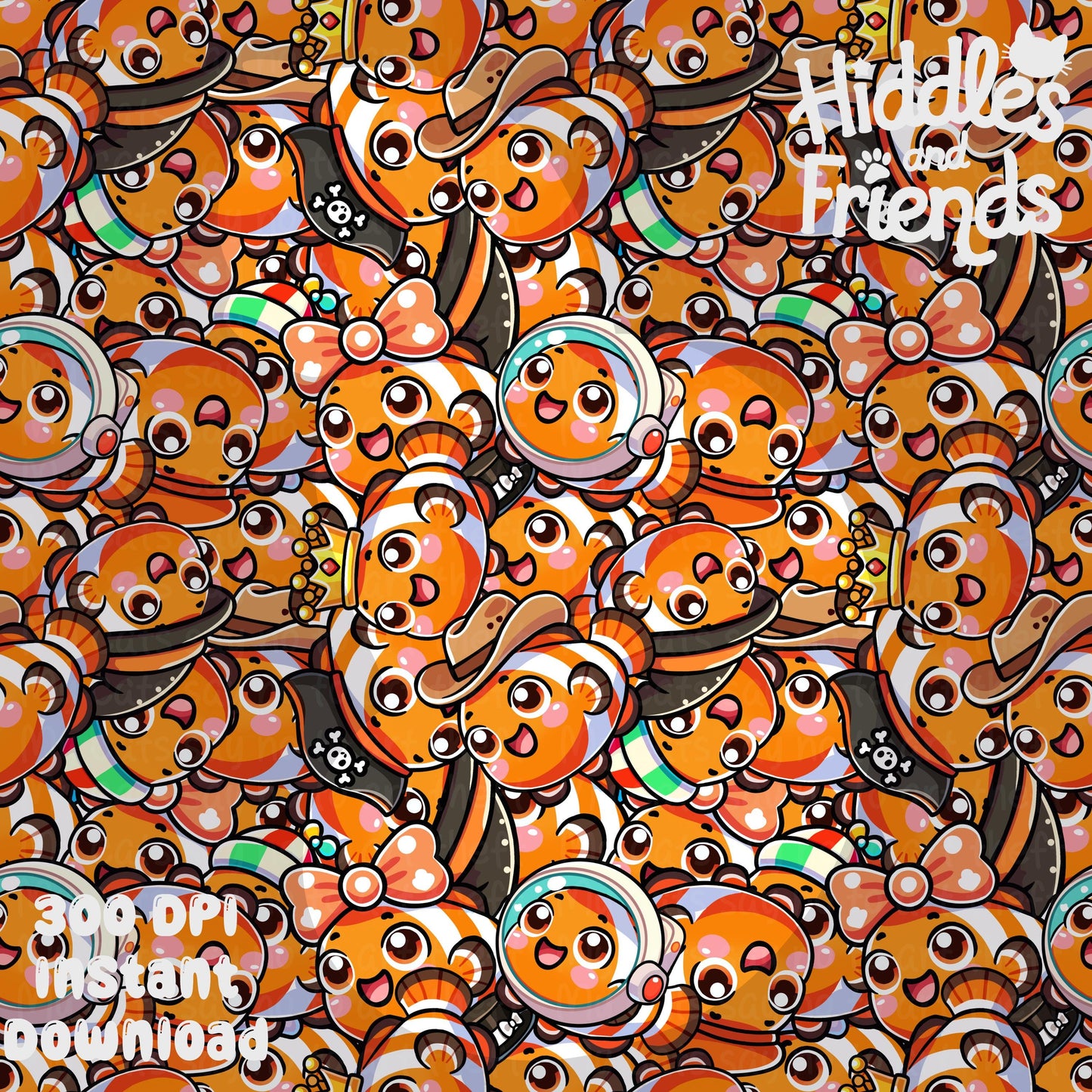 Clownfish Seamless Pattern Cute Cartoon Fish in Silly Hats