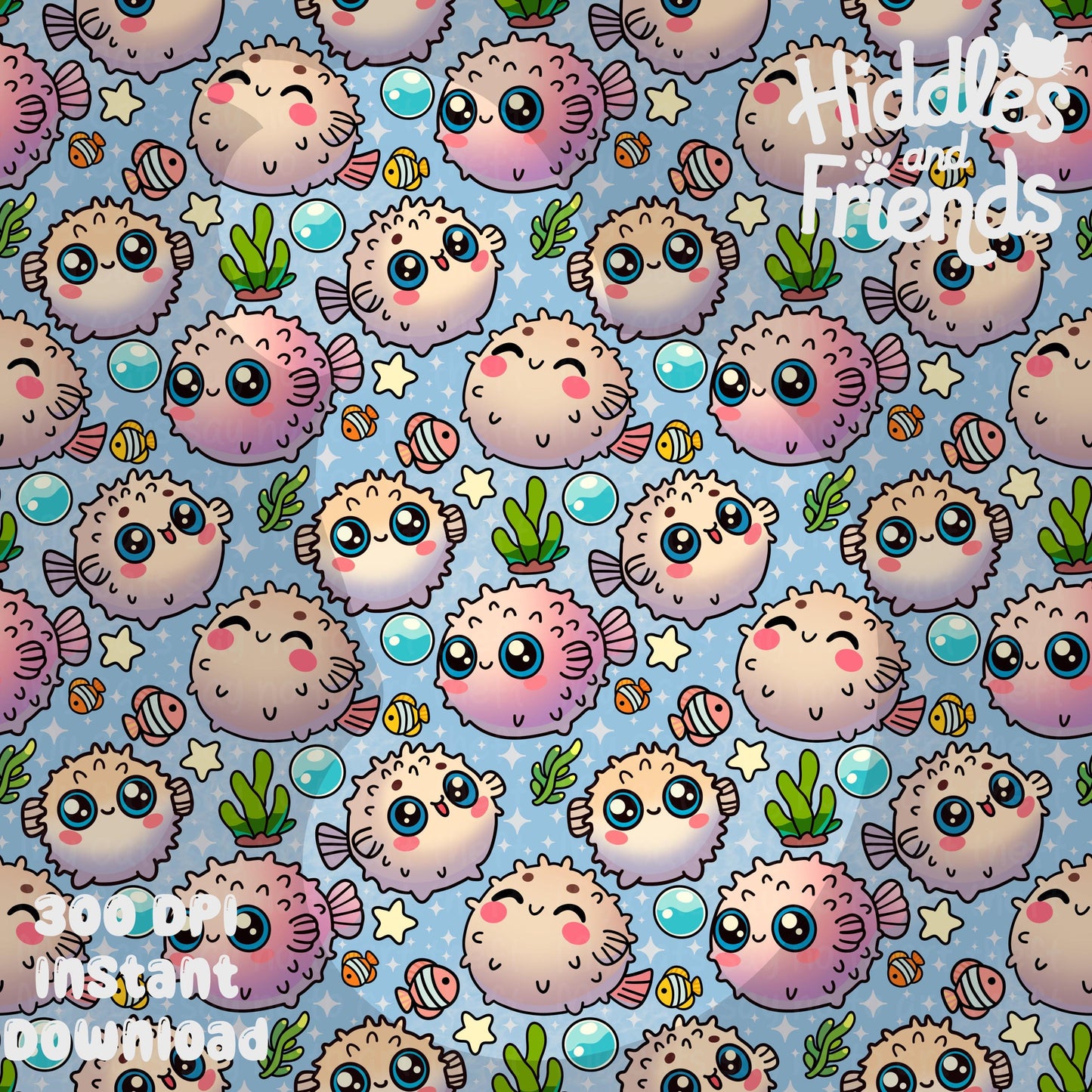 Kawaii Puffer Fish Seamless Pattern