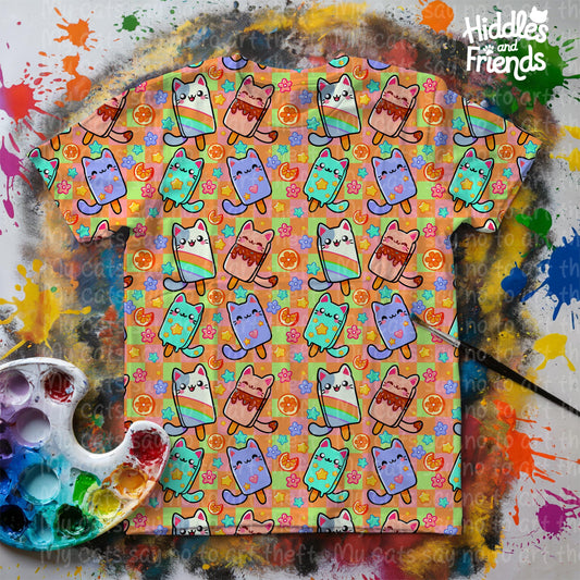 Ice Cream Cat Seamless Pattern – Bright Orange Kawaii Popsicles