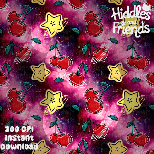 Galaxy Cherries & Starfruit Seamless Pattern