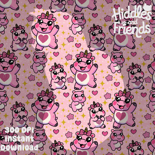 Kawaii Hippo Unicorn Seamless Pattern