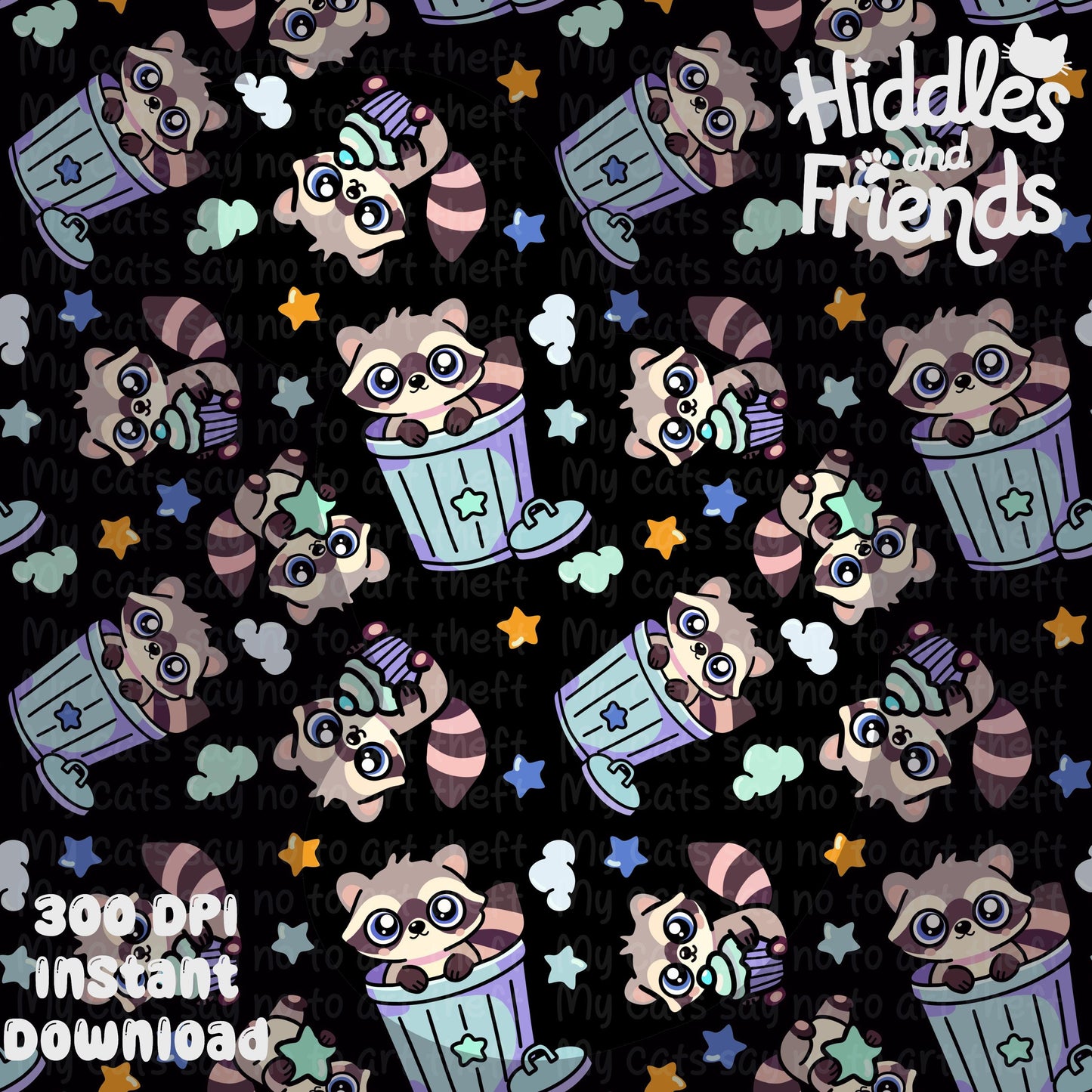 Pastel Blue Kawaii Raccoon Seamless Pattern - Transparent Background