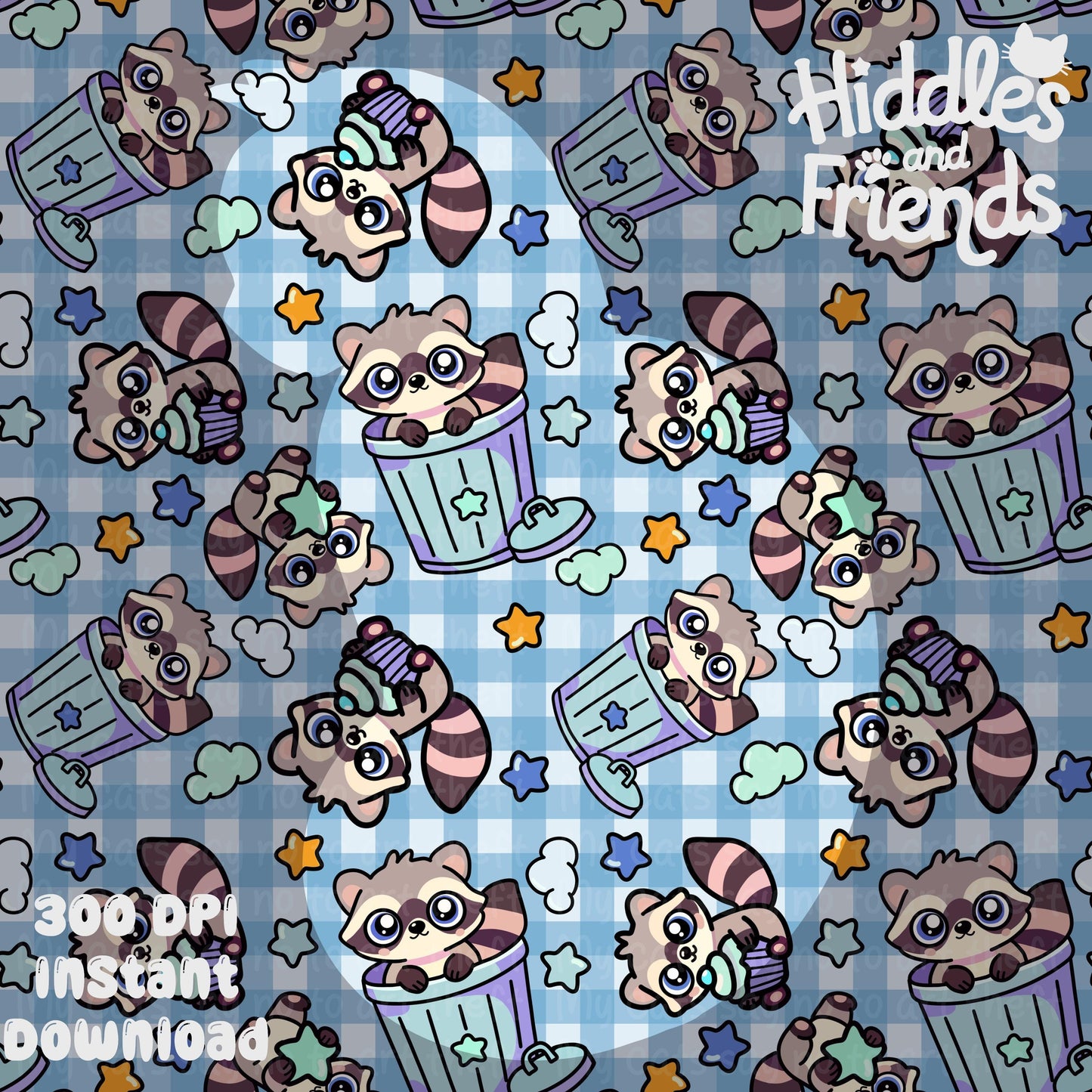 Pastel Blue Kawaii Raccoon Seamless Pattern