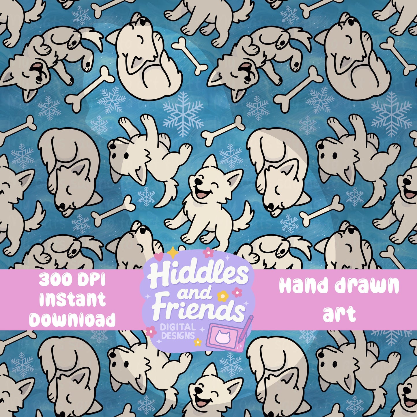 Winter Wolf Pups Seamless Pattern