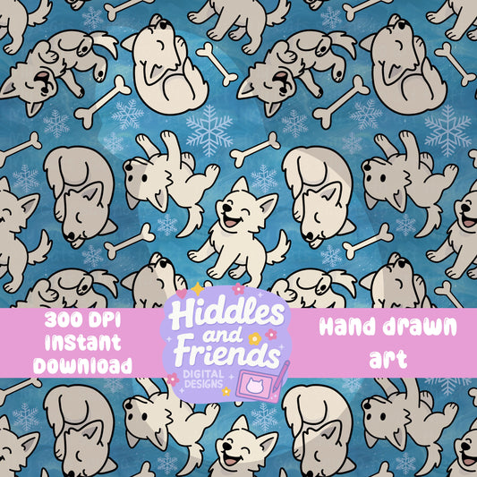 Winter Wolf Pups Seamless Pattern